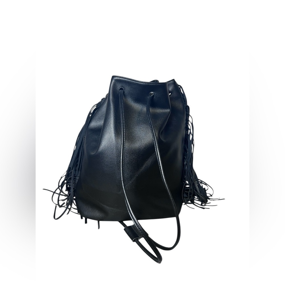 VICTORIA'S SECRET Black Faux Leather Fringe Drawstring Bucket Backpack NWT tags - Picture 2 of 11